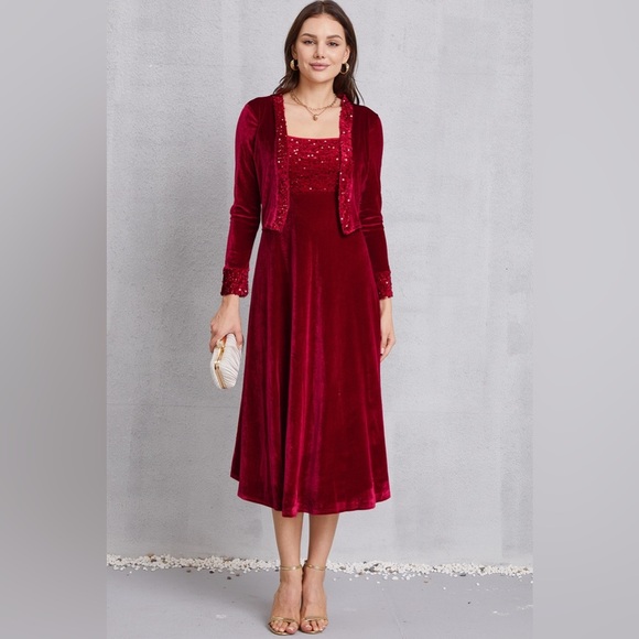Sequin Long Sleeve Midi Dress - Picture 1 of 5